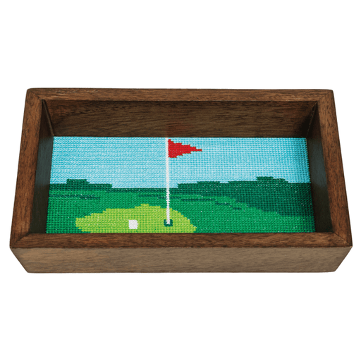 Wooden box with a pixelated golf scene on a white background