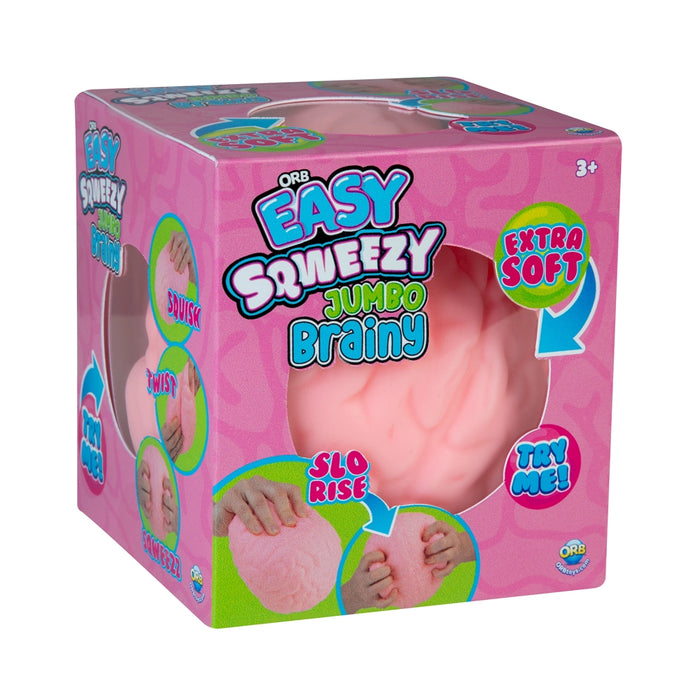 Pink packaging of Easy Squeezy Jumbo Brainy toy with colorful text and graphics.