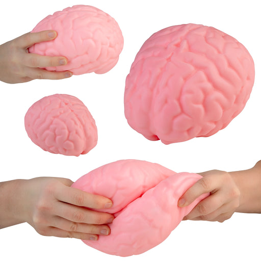 Pink brain-shaped stress balls being held by hands on a white background