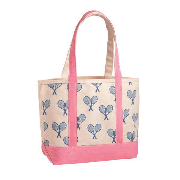 Tote bag with tennis racket pattern and pink accents on a white background