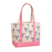 Tote bag with tennis racket pattern and pink accents on a white background