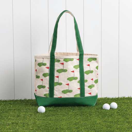 Tote bag with golf pattern on grass with golf balls