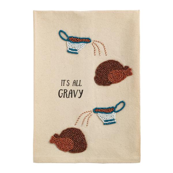 Beige towel with beaded gravy boat and turkey design, featuring the text 'It's All Gravy'.