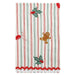 Striped towel with Christmas-themed designs including holly leaves and berries, a gingerbread man, and red accents on a white background.