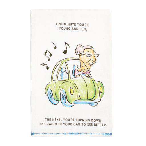 Cartoon of a person driving a small green car with musical notes, on a white background.