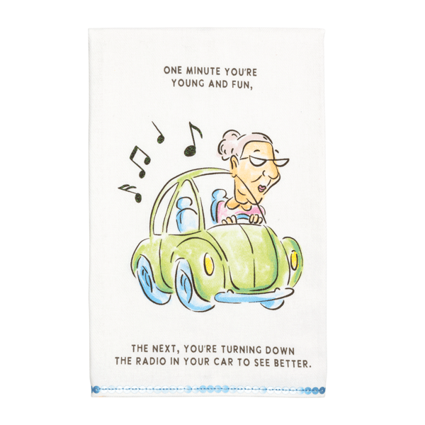 Cartoon of a person driving a small green car with musical notes, on a white background.