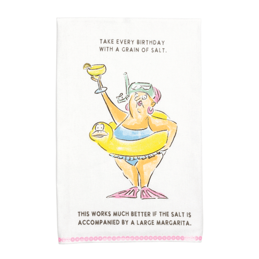 Cartoon character in a mermaid tail holding a cocktail with humorous birthday message.