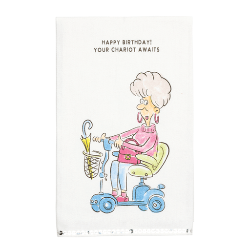 Birthday card with cartoon character on a scooter and umbrella, text 'Happy Birthday! Your Chariot Awaits'.