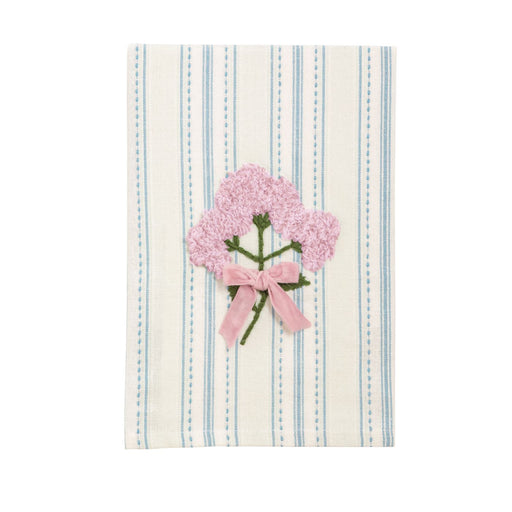 Striped towel with pink floral design and bow on a white background
