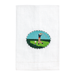 White towel with a golf-themed embroidered design on a white background