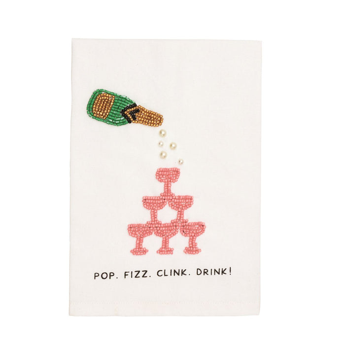 Decorative card with beaded champagne bottle and glasses design on a white background