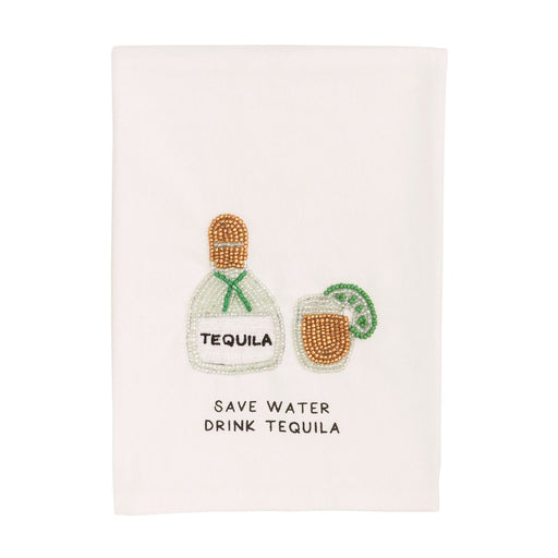 Embroidered towel with tequila bottle and glass design on a white background