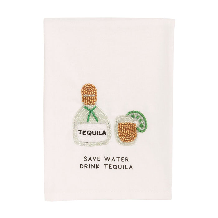Embroidered towel with tequila bottle and glass design on a white background