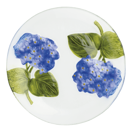 Round ceramic plate with blue floral design on a white background
