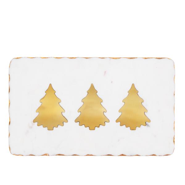 White board with gold Christmas tree patterns on a white background