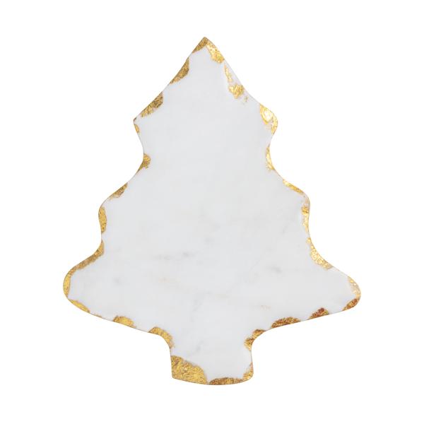 Christmas tree-shaped board with gold trim on a white background