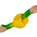 Two hands holding a yellow stress ball with green handles on a white background