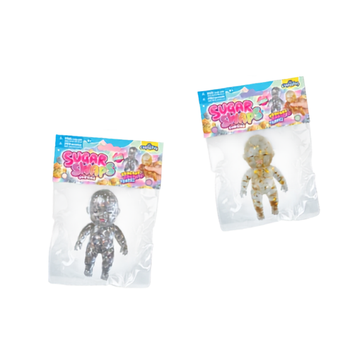 Two packaged mini figurines labeled Sugar Skins, one in a silver glitter outfit and one in a white outfit with yellow glitter accents, both in clear plastic bags with colorful header cards.