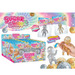 Sugar Swaps Onesies Squeezie Pop Luxury Edition toy packaging display with a large retail box, individual blister packs, and a hand holding a glittery squeeze doll, on a bright pastel background.