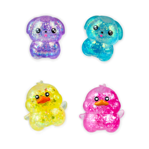 Four colorful duck-shaped squishies on a white background