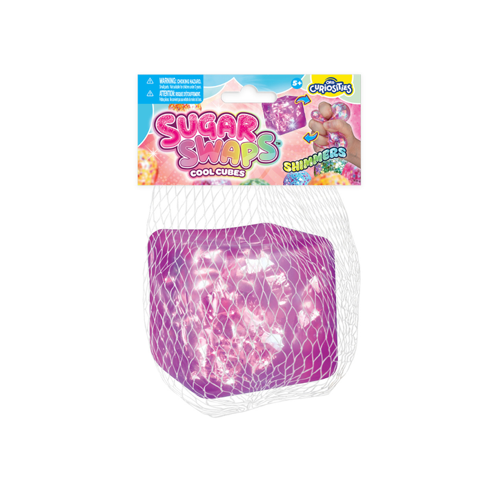 A packaged purple glittery squishy toy cube in a white mesh bag with a colorful header card reading 'Sugar Swaps Cool Cubes' and 'Shimmers,' on a plain white background.
