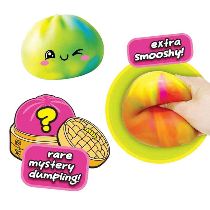 Colorful dumpling-shaped squishies with text indicating 'extra smooshy' and 'rare mystery dumpling'.