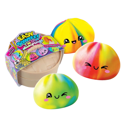 Colorful squishy toys with smiling faces and packaging on a white background