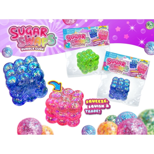Colorful bubble cube toys with packaging labeled 'Sugar Swaps' on a white background.
