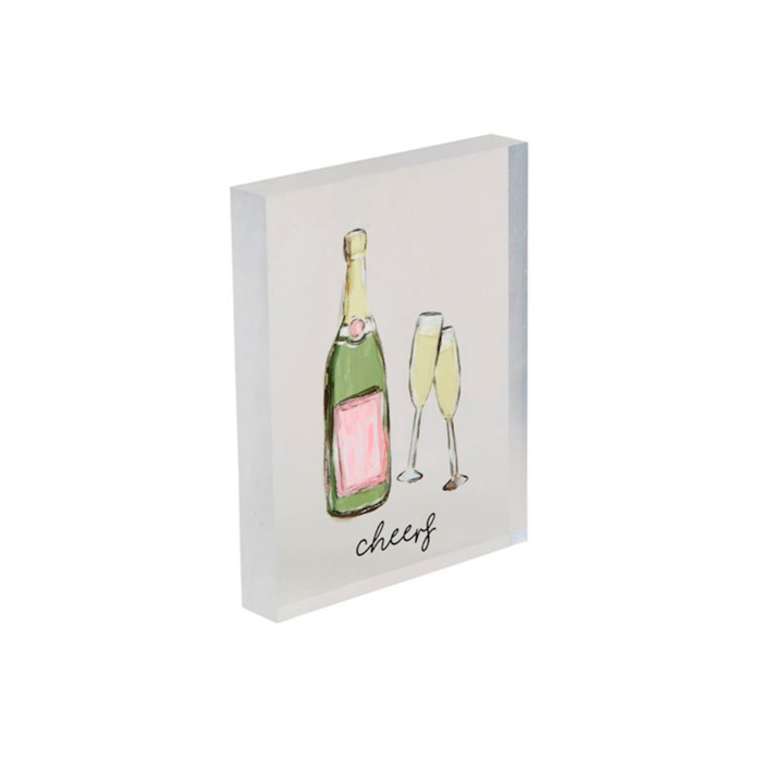 Decorative wall art with a painting of a champagne bottle and glasses on a white background.