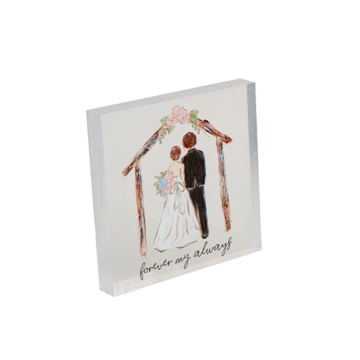 Decorative plaque with a wedding illustration and 'forever my always' text on a white background