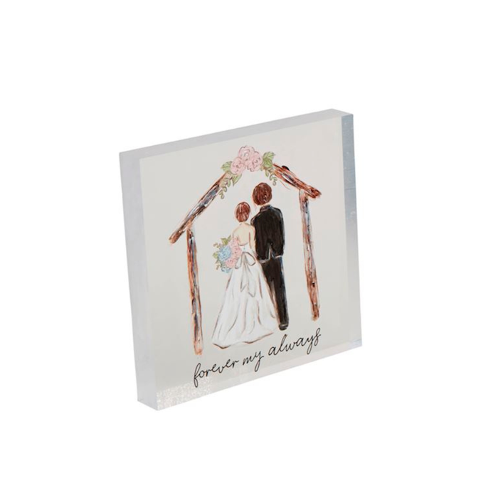 Decorative plaque with a wedding illustration and 'forever my always' text on a white background