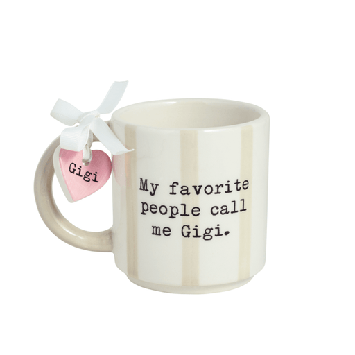 Mug with 'My favorite people call me Gigi' text and a heart-shaped tag on a white background