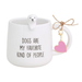 White mug with a dog-shaped handle and 'Dogs are my favorite kind of people' text, featuring a heart charm.