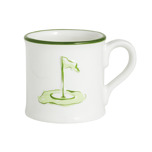 White mug with green rim and golf course design on a white background