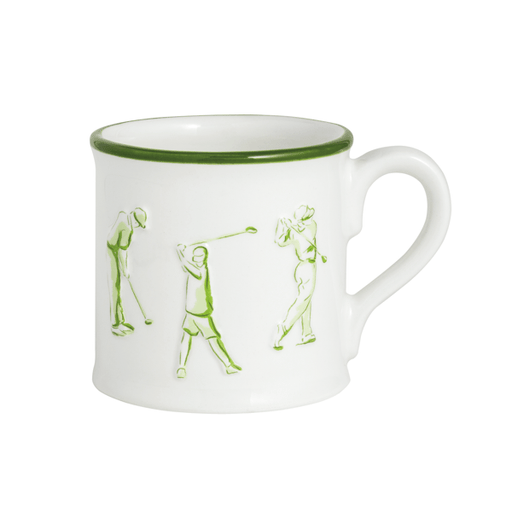 White mug with green rim and handle, featuring illustrations of golfers on a white background