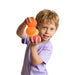 Child holding a colorful toy with a white background