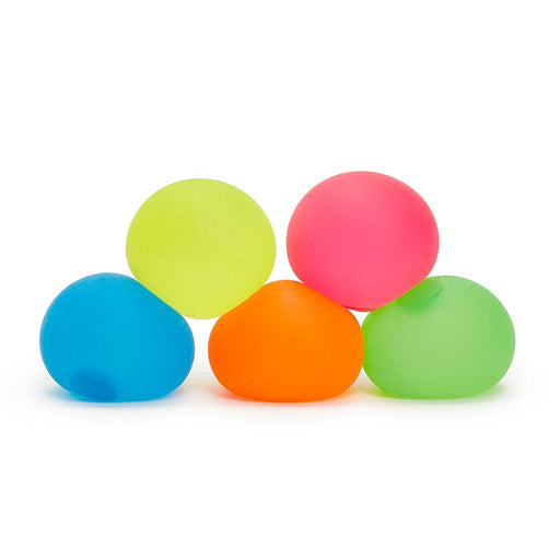 Five colorful balls (green, pink, blue, orange, green) on a white background