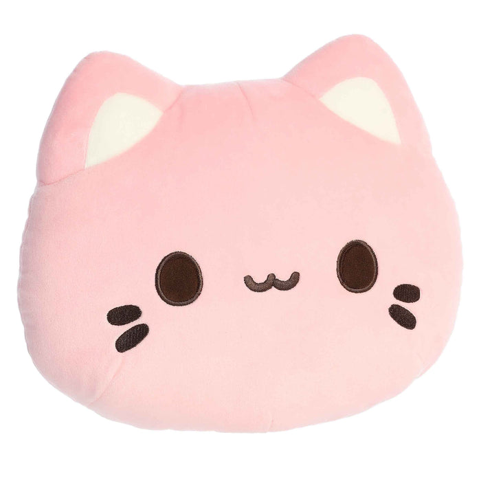 Pink cat-shaped plush toy with a simple face on a white background