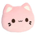 Pink cat-shaped plush toy with a simple face on a white background