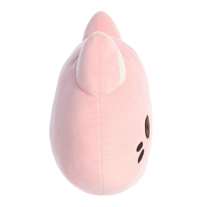 Pink plush toy with a face on a white background