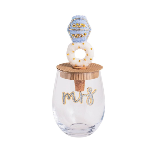 Clear glass with wooden lid and 'Mrs.' decoration on a white background