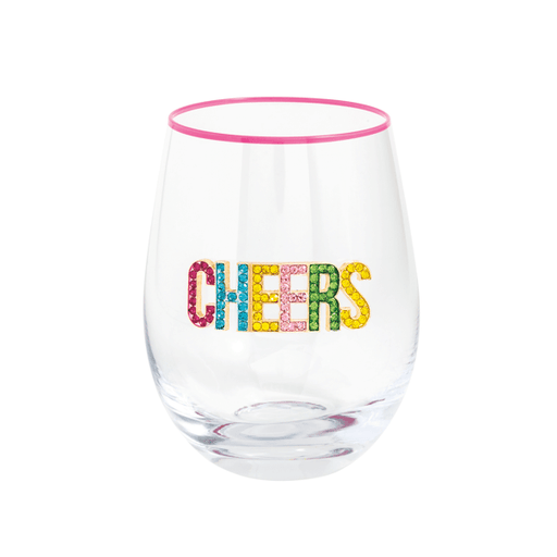 Clear glass with 'CHEERS' in colorful letters and pink rim on a white background