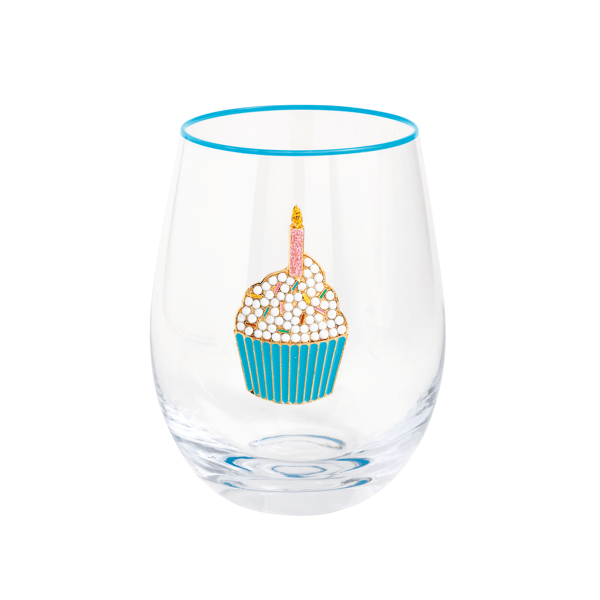 Clear glass with a cupcake design featuring a blue skirt and colorful top on a white background