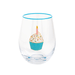 Clear glass with a cupcake design featuring a blue skirt and colorful top on a white background