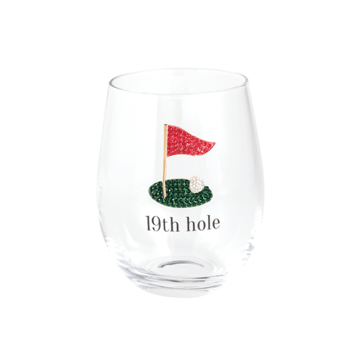 Clear glass with golf-themed design featuring a flag and golf ball on a white background