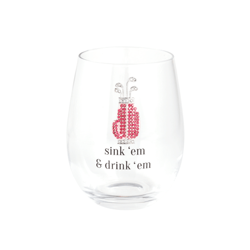 Clear glass with pink flamingo design and text 'sink 'em & drink 'em' on a white background