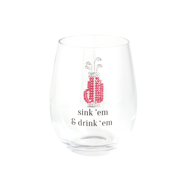 Clear glass with pink flamingo design and text 'sink 'em & drink 'em' on a white background