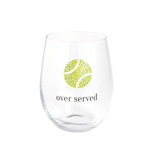 Clear glass with tennis ball design and 'over served' text on a white background