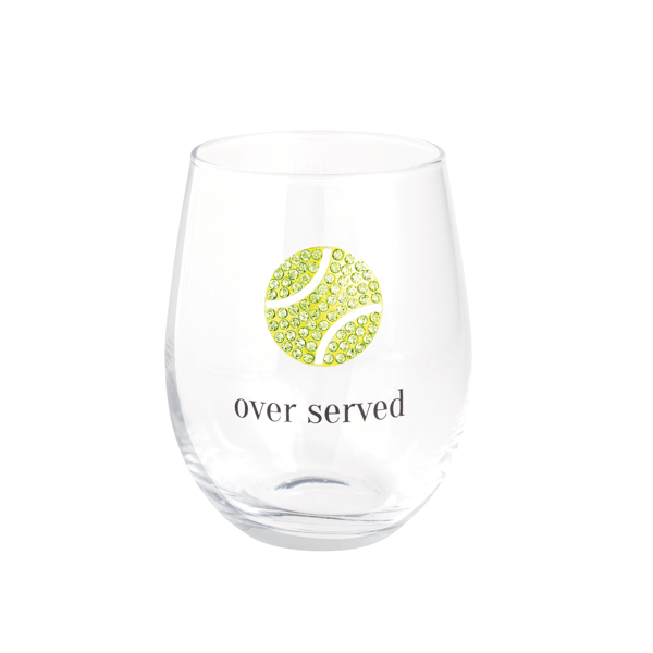 Clear glass with tennis ball design and 'over served' text on a white background