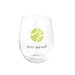 Clear glass with tennis ball design and 'over served' text on a white background